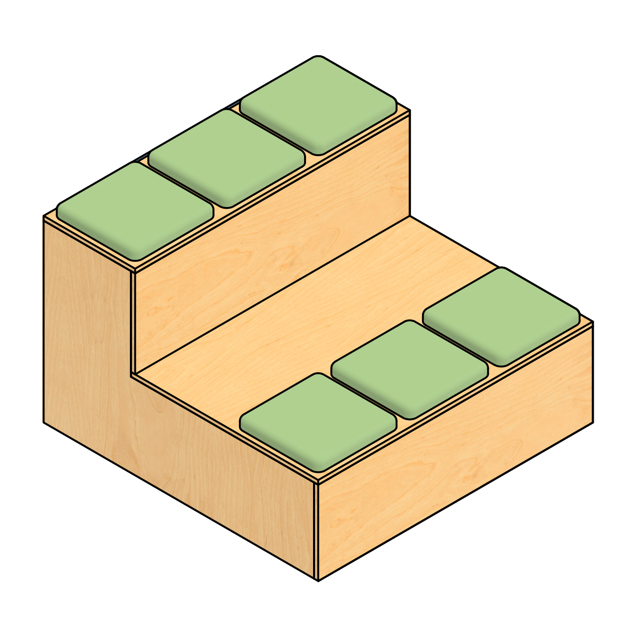 Diagram of wooden steps with green cushions on a white background