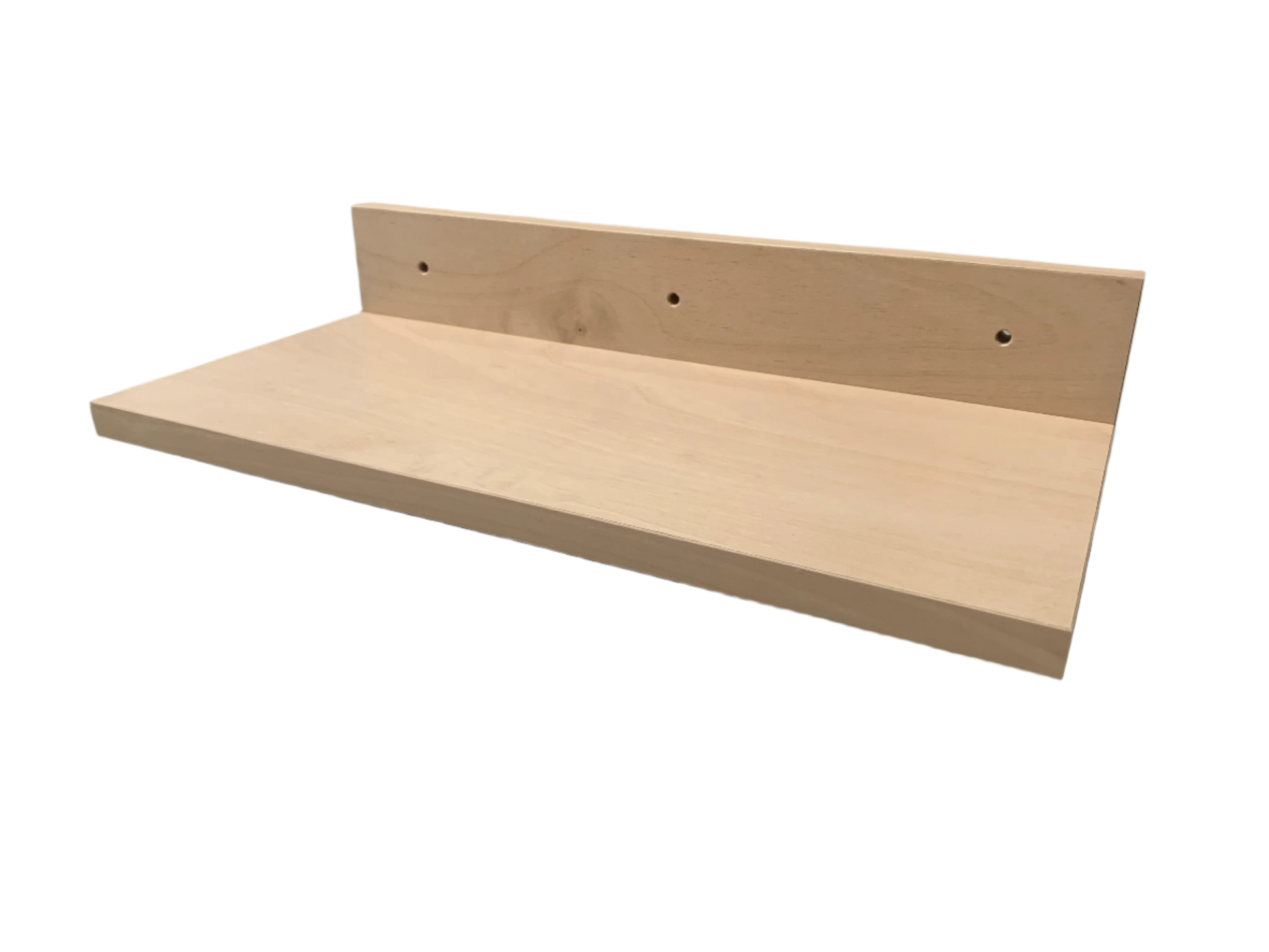 Wooden shelf on a gray surface with a blurred background