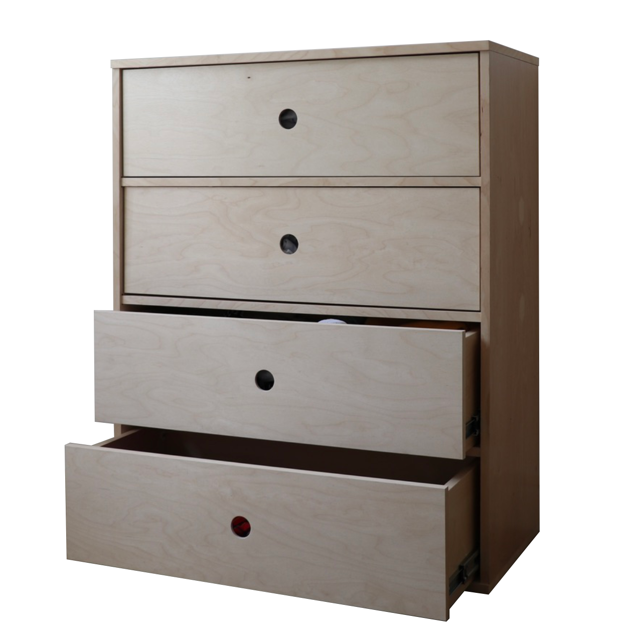 Wooden dresser with four drawers on a white background